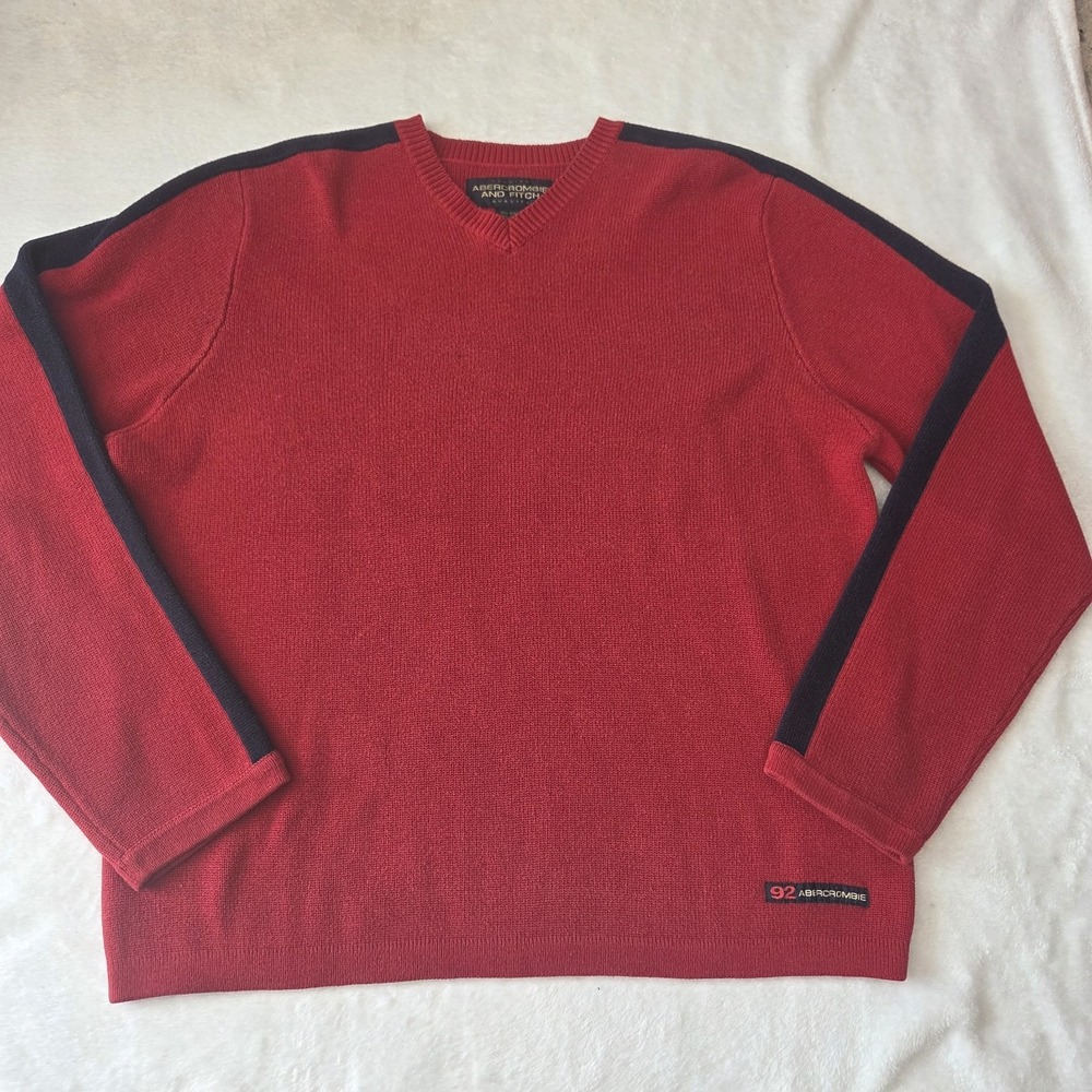 Vintage Y2k 90s Abercrombie and Fitch Knit Sweater Mens XL Red Navy Preppy